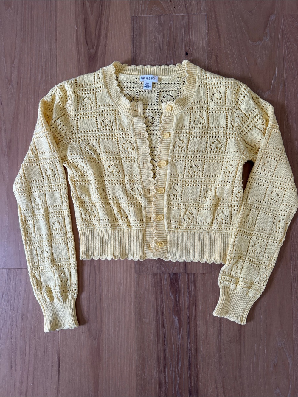 Faith & Zoe Pale Yellow Openwork Button-Up Cardigan